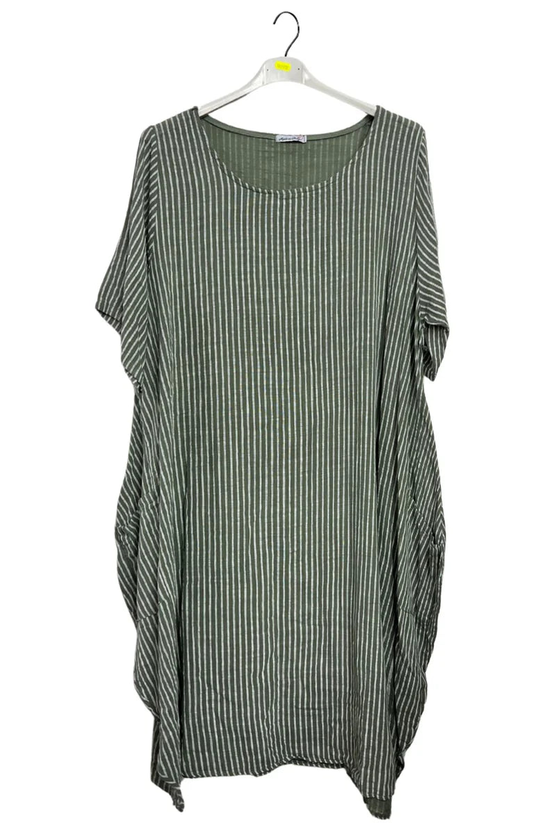 Vertical Stripes Print Asymmetrical Hemline Kaftan-Style Cotton Dress