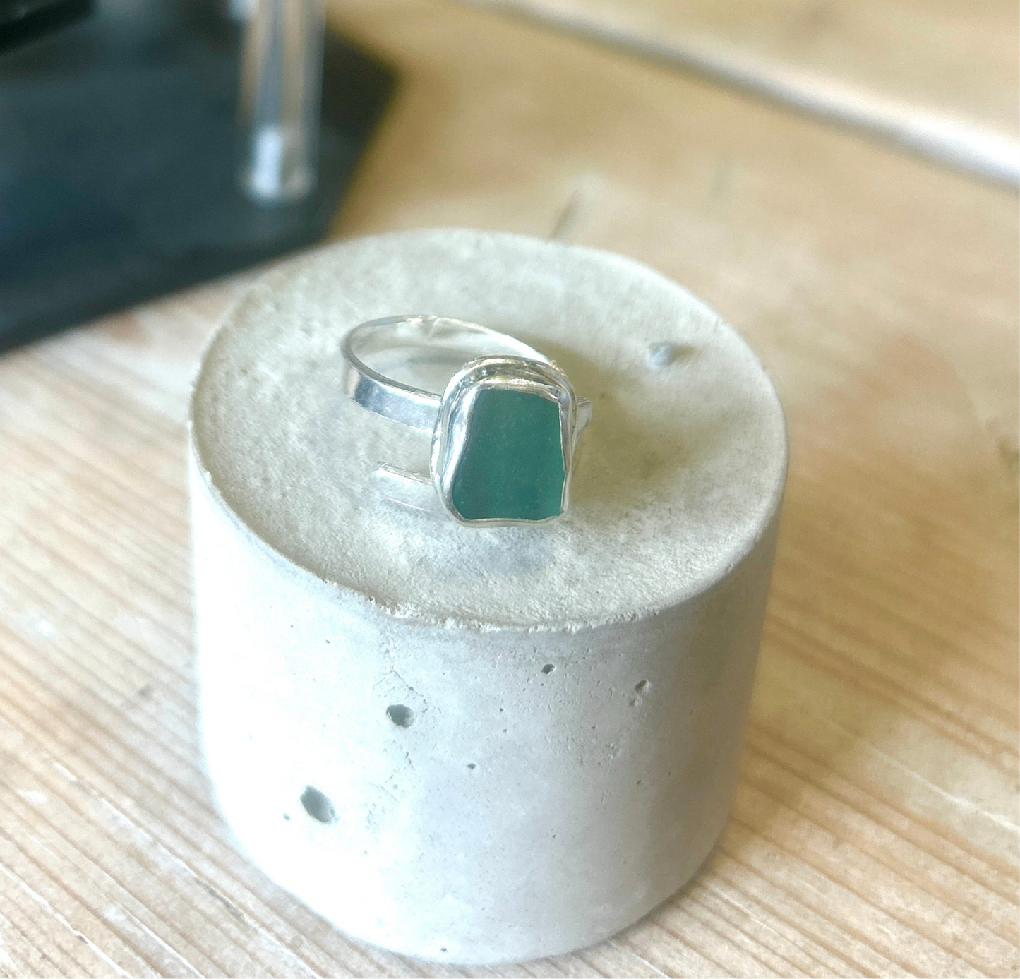 Green sea glass and silver ring