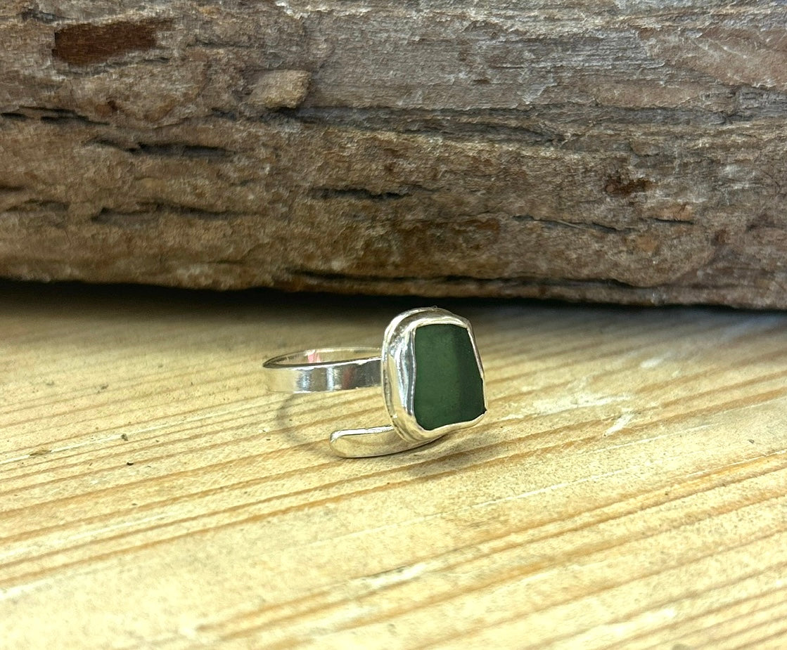 Green sea glass and silver ring
