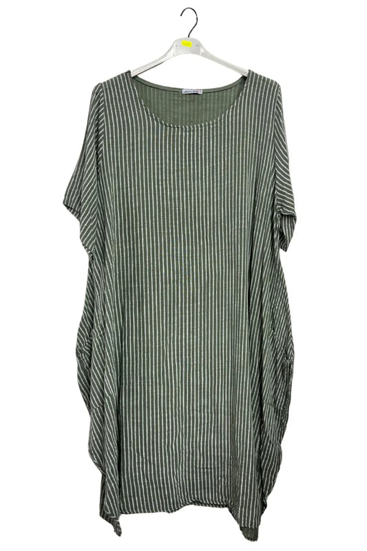 Vertical Stripes Print Asymmetrical Hemline Kaftan-Style Cotton Dress