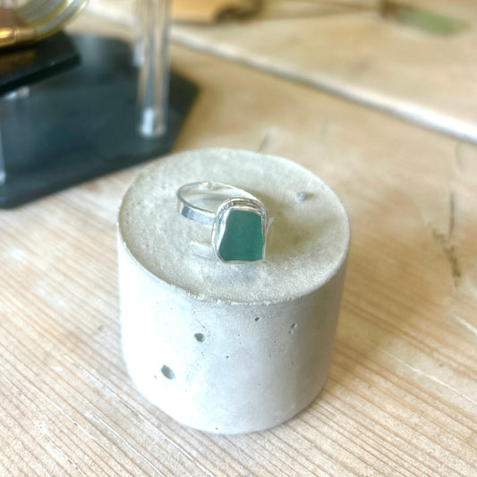 Green sea glass and silver ring