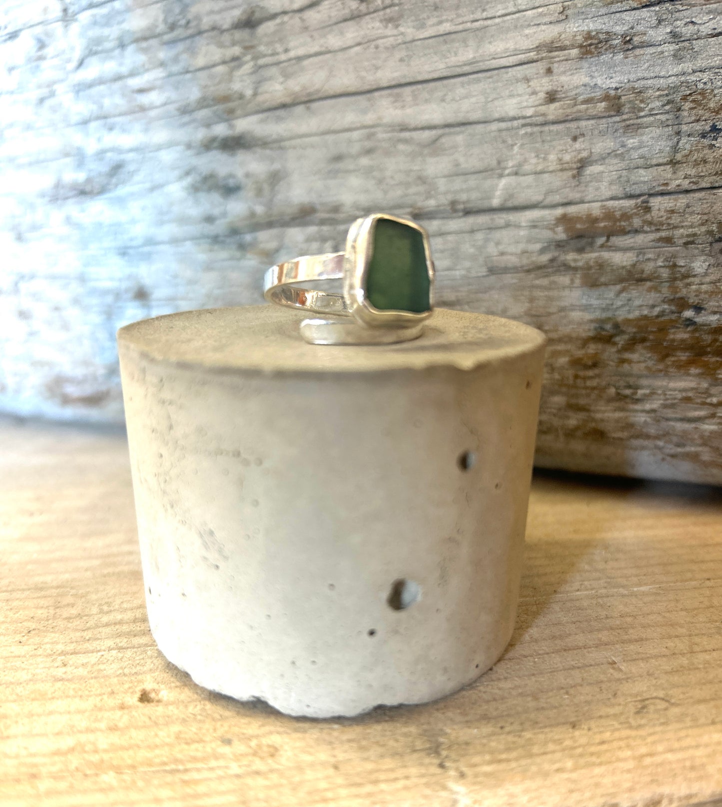 Green sea glass and silver ring