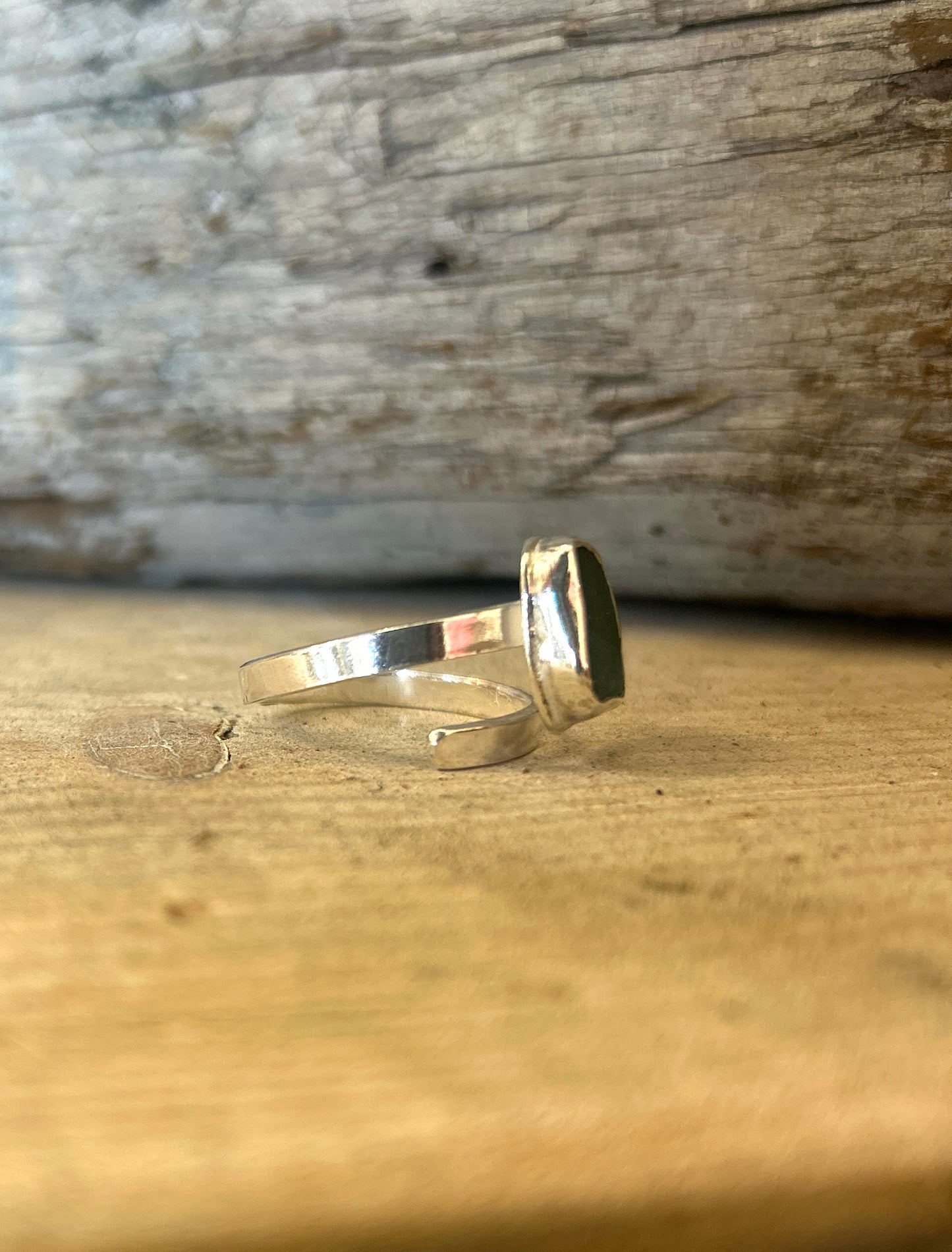 Green sea glass and silver ring